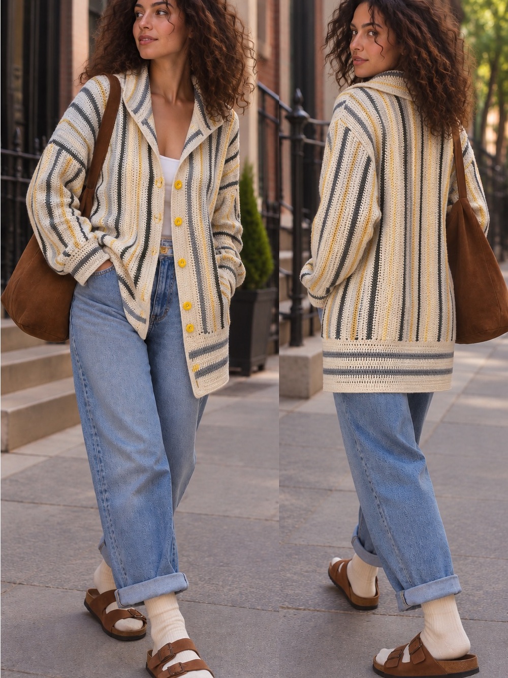 Vintage cream cardigan features eye-catching vertical yellow and stripes